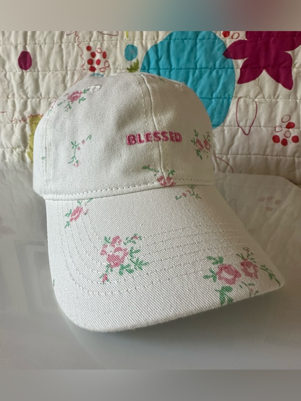 rachel zoe white & pink flora cotton “blessed” baseball cap